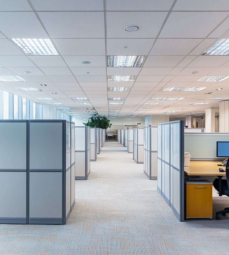 Modern office space with rows of empty cubicles, separated by partitions under bright overhead lighting.